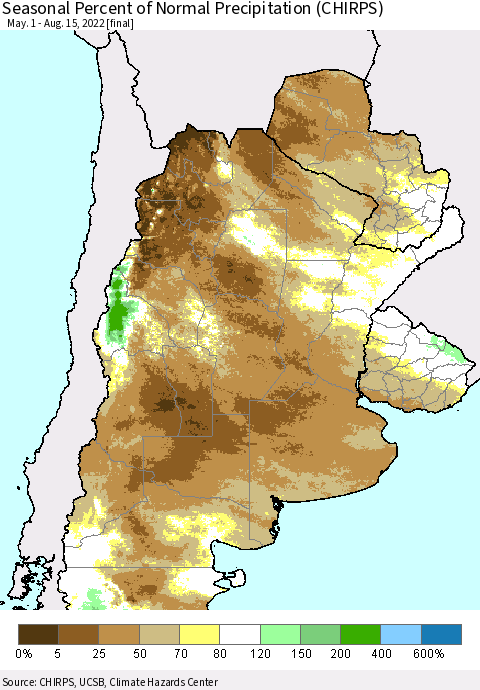 Southern South America Seasonal Percent of Normal Precipitation (CHIRPS) Thematic Map For 5/1/2022 - 8/15/2022