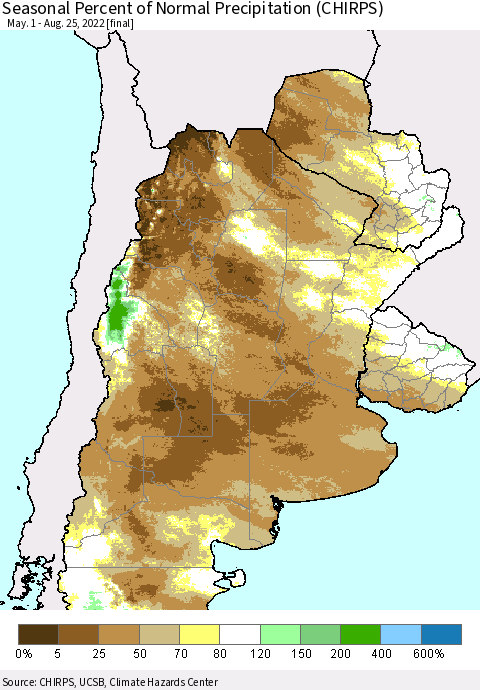 Southern South America Seasonal Percent of Normal Precipitation (CHIRPS) Thematic Map For 5/1/2022 - 8/25/2022