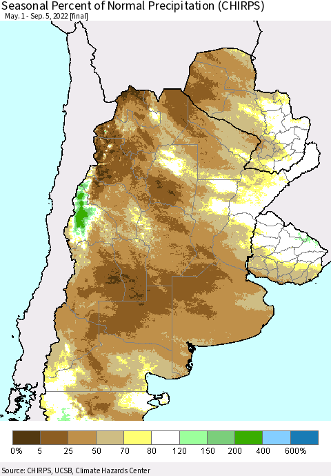 Southern South America Seasonal Percent of Normal Precipitation (CHIRPS) Thematic Map For 5/1/2022 - 9/5/2022