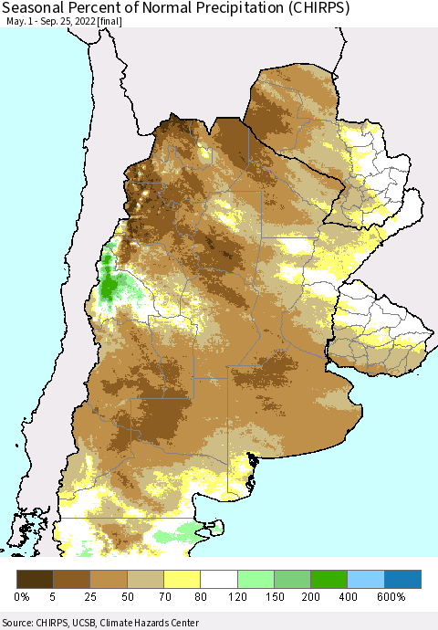 Southern South America Seasonal Percent of Normal Precipitation (CHIRPS) Thematic Map For 5/1/2022 - 9/25/2022