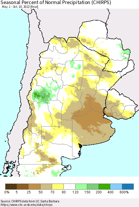 Southern South America Seasonal Percent of Normal Precipitation (CHIRPS) Thematic Map For 5/1/2022 - 10/10/2022