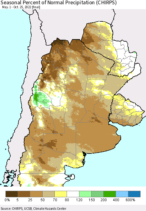 Southern South America Seasonal Percent of Normal Precipitation (CHIRPS) Thematic Map For 5/1/2022 - 10/25/2022