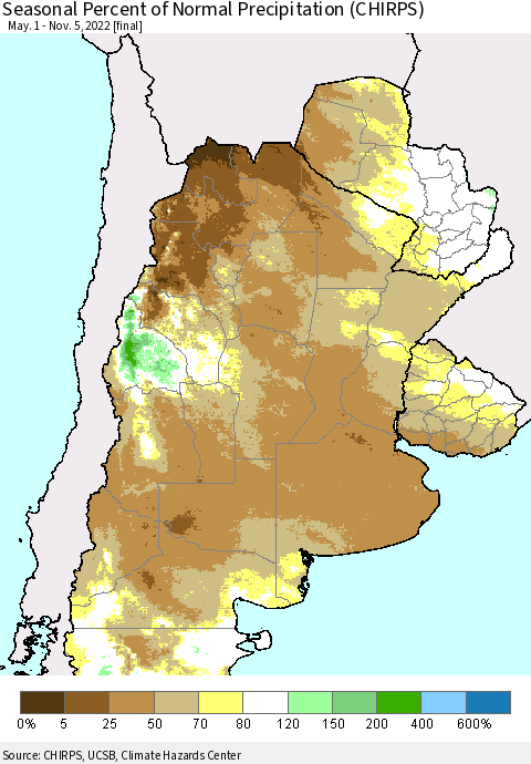 Southern South America Seasonal Percent of Normal Precipitation (CHIRPS) Thematic Map For 5/1/2022 - 11/5/2022