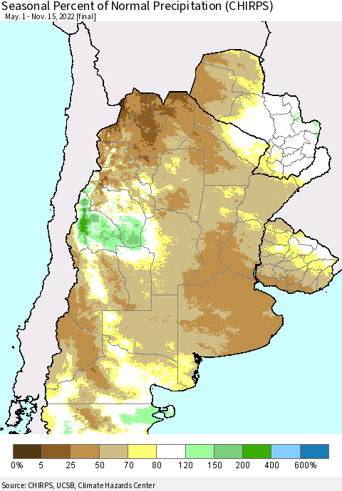 Southern South America Seasonal Percent of Normal Precipitation (CHIRPS) Thematic Map For 5/1/2022 - 11/15/2022