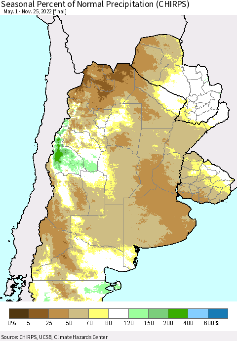 Southern South America Seasonal Percent of Normal Precipitation (CHIRPS) Thematic Map For 5/1/2022 - 11/25/2022