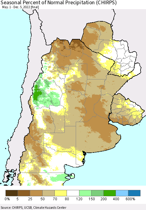 Southern South America Seasonal Percent of Normal Precipitation (CHIRPS) Thematic Map For 5/1/2022 - 12/5/2022