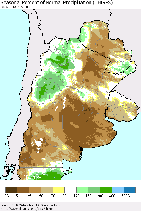Southern South America Seasonal Percent of Normal Precipitation (CHIRPS) Thematic Map For 9/1/2022 - 9/10/2022