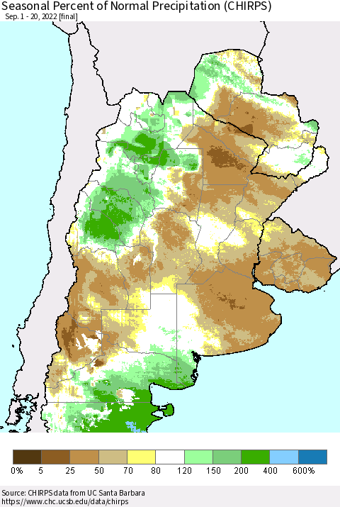Southern South America Seasonal Percent of Normal Precipitation (CHIRPS) Thematic Map For 9/1/2022 - 9/20/2022