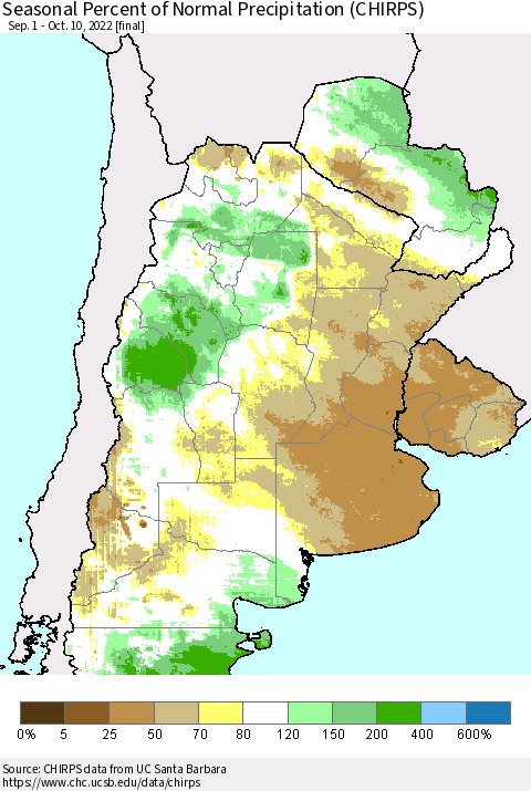 Southern South America Seasonal Percent of Normal Precipitation (CHIRPS) Thematic Map For 9/1/2022 - 10/10/2022