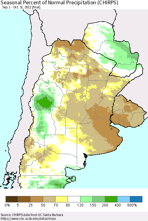 Southern South America Seasonal Percent of Normal Precipitation (CHIRPS) Thematic Map For 9/1/2022 - 10/31/2022