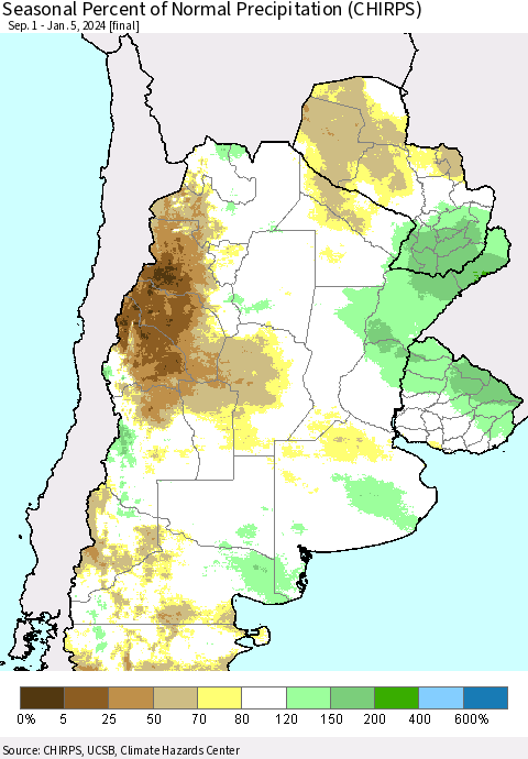 Southern South America Seasonal Percent of Normal Precipitation (CHIRPS) Thematic Map For 9/1/2023 - 1/5/2024