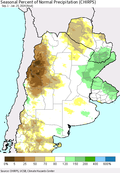 Southern South America Seasonal Percent of Normal Precipitation (CHIRPS) Thematic Map For 9/1/2023 - 1/25/2024