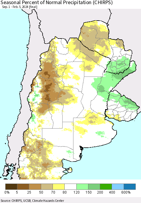 Southern South America Seasonal Percent of Normal Precipitation (CHIRPS) Thematic Map For 9/1/2023 - 2/5/2024