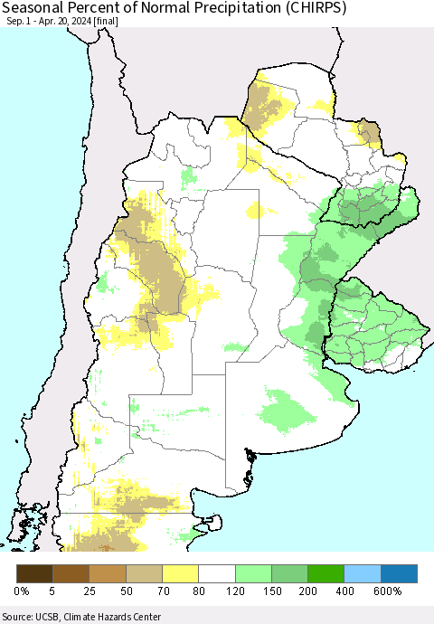 Southern South America Seasonal Percent of Normal Precipitation (CHIRPS) Thematic Map For 9/1/2023 - 4/20/2024