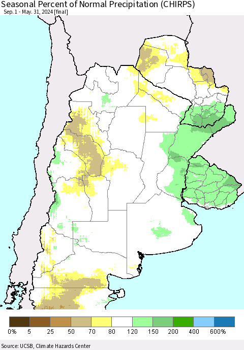 Southern South America Seasonal Percent of Normal Precipitation (CHIRPS) Thematic Map For 9/1/2023 - 5/31/2024