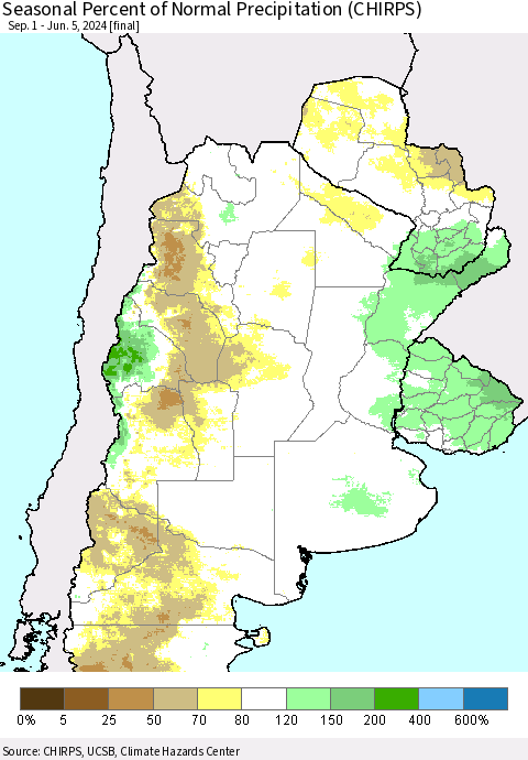 Southern South America Seasonal Percent of Normal Precipitation (CHIRPS) Thematic Map For 9/1/2023 - 6/5/2024