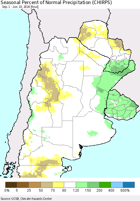 Southern South America Seasonal Percent of Normal Precipitation (CHIRPS) Thematic Map For 9/1/2023 - 6/10/2024