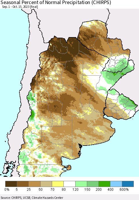 Southern South America Seasonal Percent of Normal Precipitation (CHIRPS) Thematic Map For 9/1/2023 - 10/15/2023