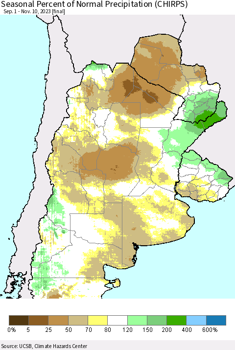 Southern South America Seasonal Percent of Normal Precipitation (CHIRPS) Thematic Map For 9/1/2023 - 11/10/2023
