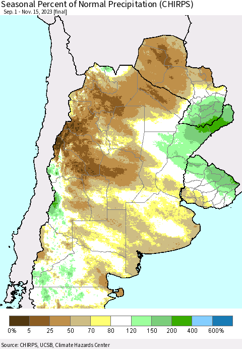 Southern South America Seasonal Percent of Normal Precipitation (CHIRPS) Thematic Map For 9/1/2023 - 11/15/2023