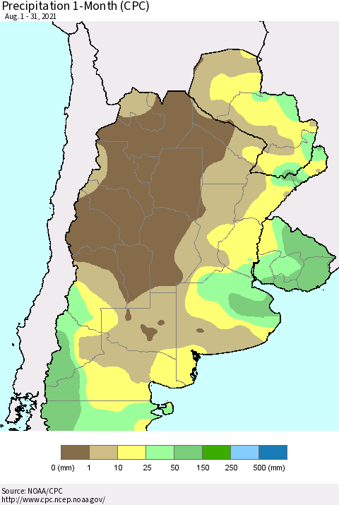 Southern South America Precipitation 1-Month (CPC) Thematic Map For 8/1/2021 - 8/31/2021