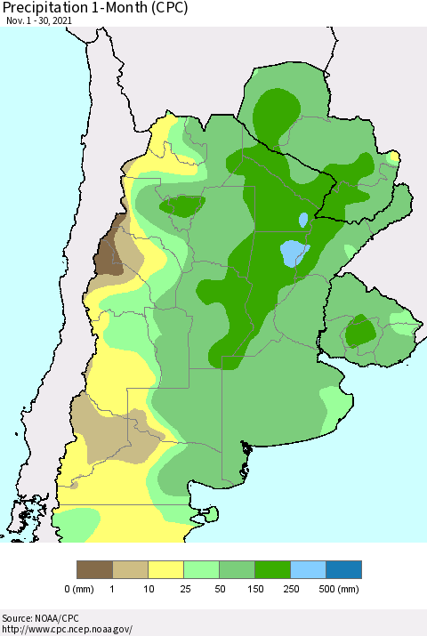 Southern South America Precipitation 1-Month (CPC) Thematic Map For 11/1/2021 - 11/30/2021