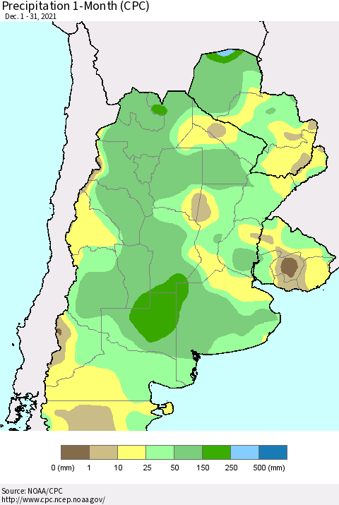 Southern South America Precipitation 1-Month (CPC) Thematic Map For 12/1/2021 - 12/31/2021