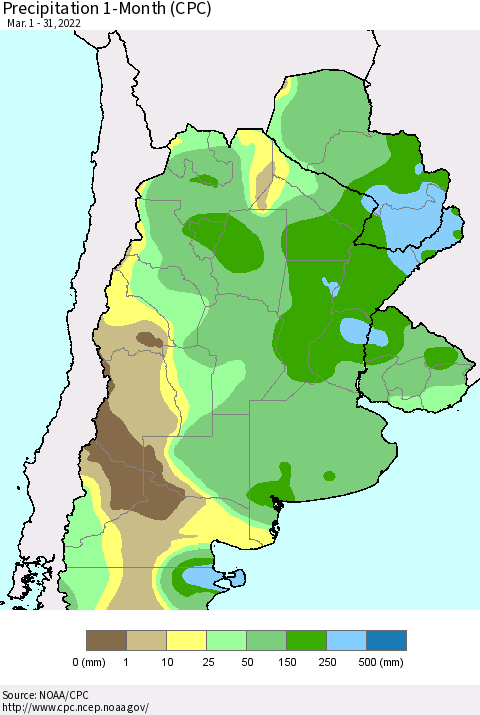 Southern South America Precipitation 1-Month (CPC) Thematic Map For 3/1/2022 - 3/31/2022