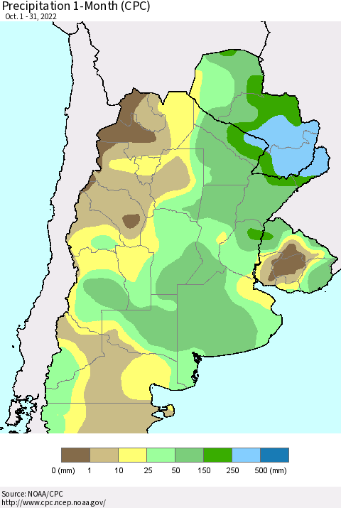 Southern South America Precipitation 1-Month (CPC) Thematic Map For 10/1/2022 - 10/31/2022