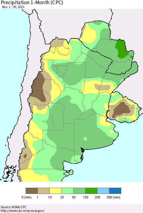 Southern South America Precipitation 1-Month (CPC) Thematic Map For 11/1/2022 - 11/30/2022
