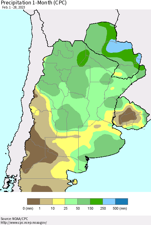 Southern South America Precipitation 1-Month (CPC) Thematic Map For 2/1/2023 - 2/28/2023