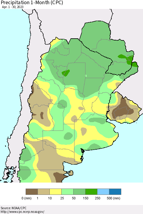 Southern South America Precipitation 1-Month (CPC) Thematic Map For 4/1/2023 - 4/30/2023