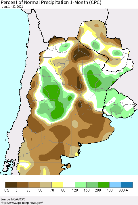 Southern South America Percent of Normal Precipitation 1-Month (CPC) Thematic Map For 6/1/2021 - 6/30/2021