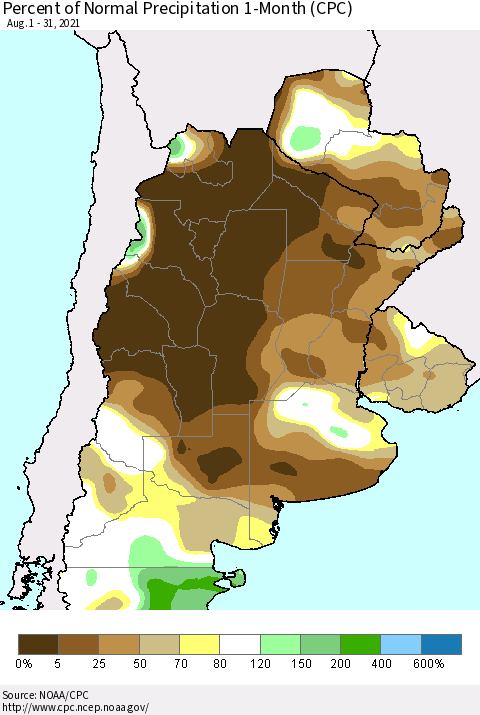Southern South America Percent of Normal Precipitation 1-Month (CPC) Thematic Map For 8/1/2021 - 8/31/2021