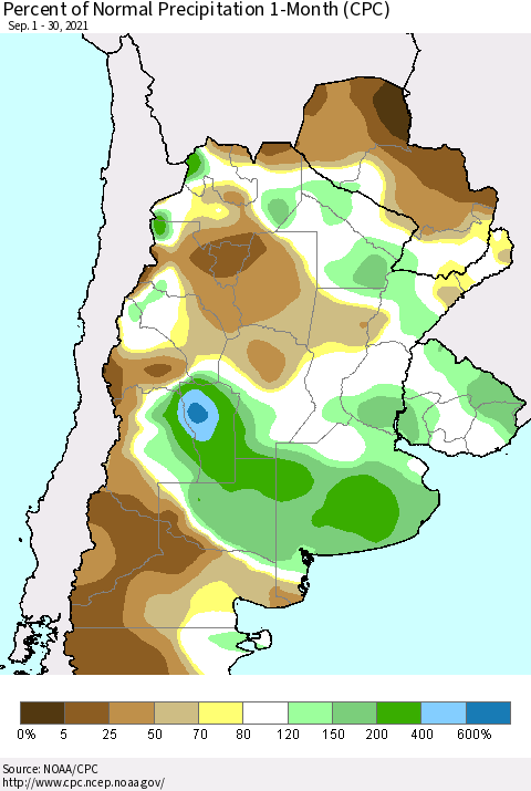 Southern South America Percent of Normal Precipitation 1-Month (CPC) Thematic Map For 9/1/2021 - 9/30/2021
