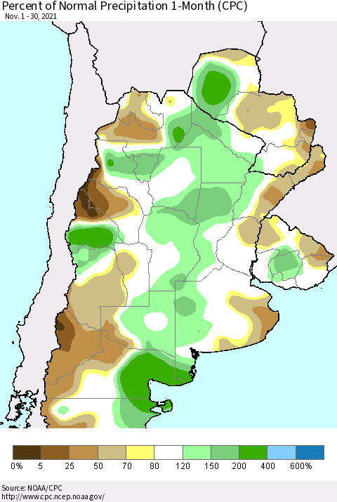 Southern South America Percent of Normal Precipitation 1-Month (CPC) Thematic Map For 11/1/2021 - 11/30/2021