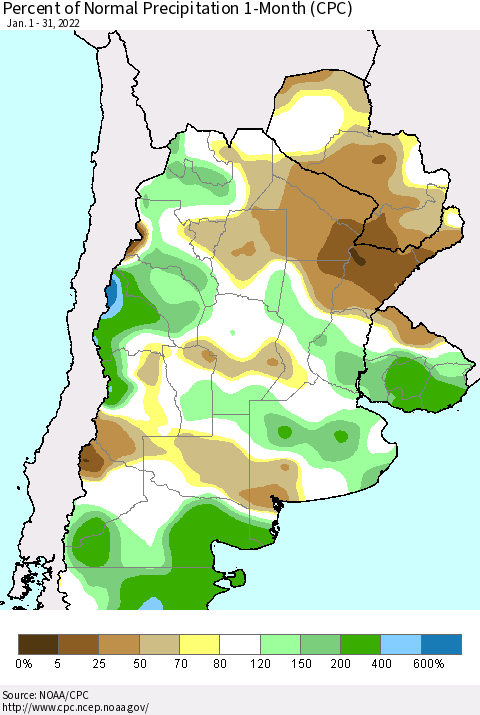 Southern South America Percent of Normal Precipitation 1-Month (CPC) Thematic Map For 1/1/2022 - 1/31/2022