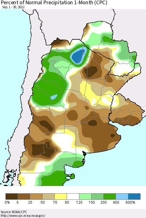 Southern South America Percent of Normal Precipitation 1-Month (CPC) Thematic Map For 9/1/2022 - 9/30/2022