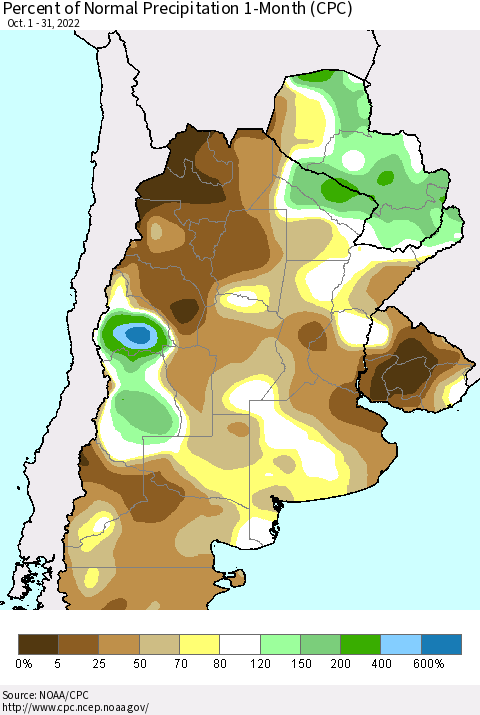 Southern South America Percent of Normal Precipitation 1-Month (CPC) Thematic Map For 10/1/2022 - 10/31/2022