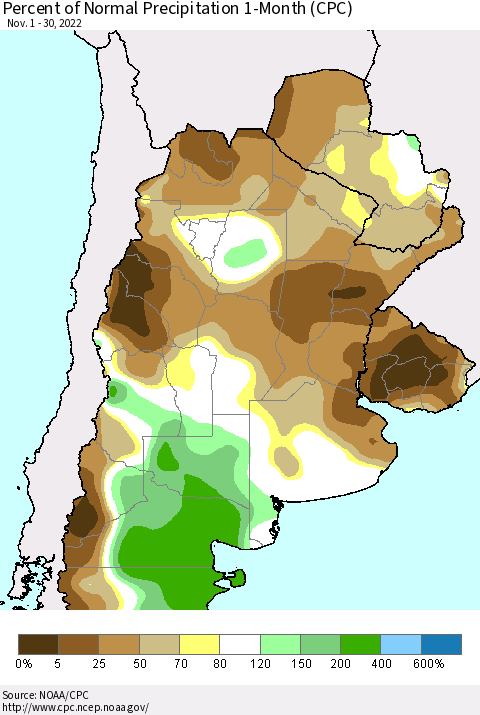 Southern South America Percent of Normal Precipitation 1-Month (CPC) Thematic Map For 11/1/2022 - 11/30/2022