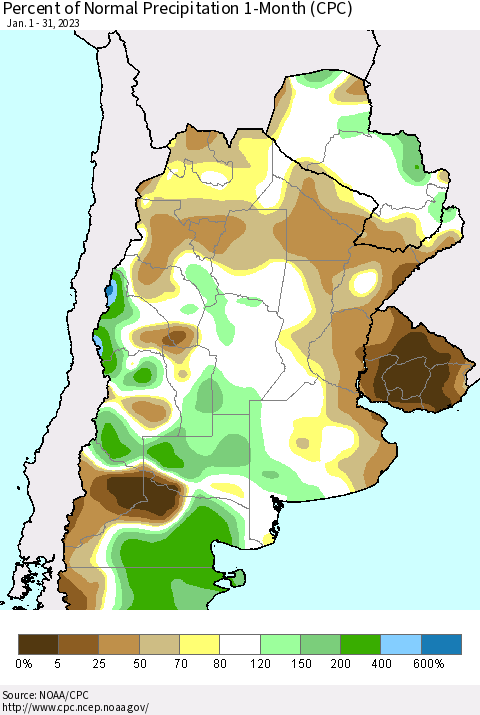 Southern South America Percent of Normal Precipitation 1-Month (CPC) Thematic Map For 1/1/2023 - 1/31/2023