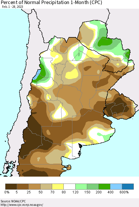 Southern South America Percent of Normal Precipitation 1-Month (CPC) Thematic Map For 2/1/2023 - 2/28/2023