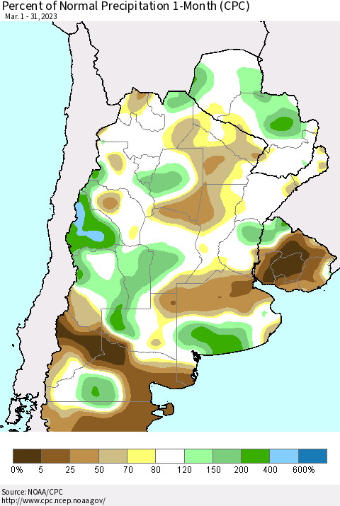 Southern South America Percent of Normal Precipitation 1-Month (CPC) Thematic Map For 3/1/2023 - 3/31/2023