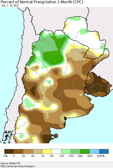 Southern South America Percent of Normal Precipitation 1-Month (CPC) Thematic Map For 4/1/2023 - 4/30/2023