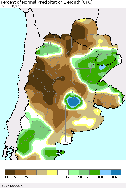 Southern South America Percent of Normal Precipitation 1-Month (CPC) Thematic Map For 9/1/2023 - 9/30/2023