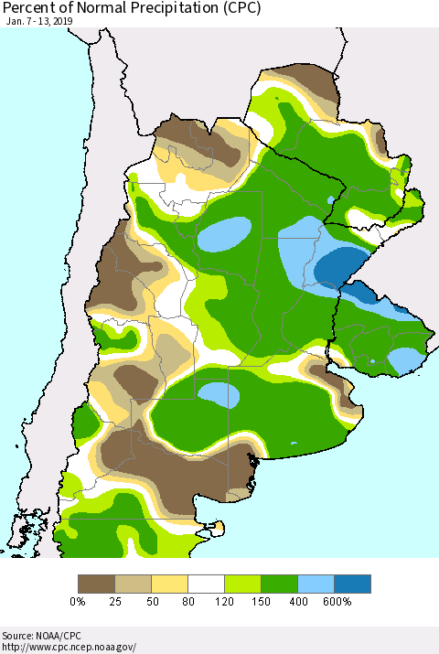 Southern South America Percent of Normal Precipitation (CPC) Thematic Map For 1/7/2019 - 1/13/2019