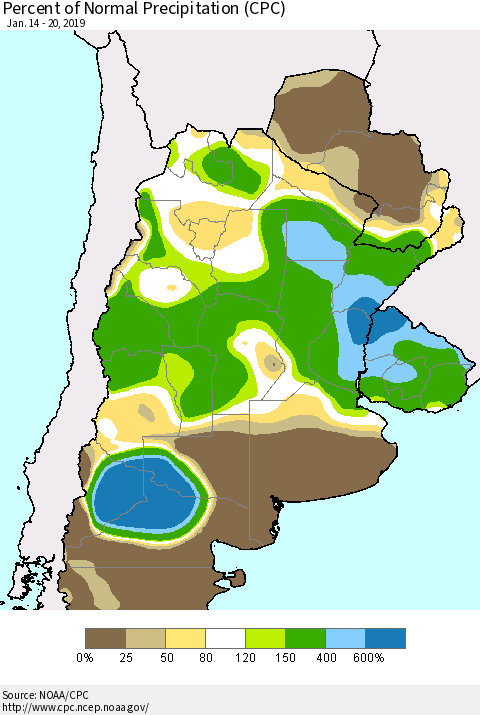 Southern South America Percent of Normal Precipitation (CPC) Thematic Map For 1/14/2019 - 1/20/2019