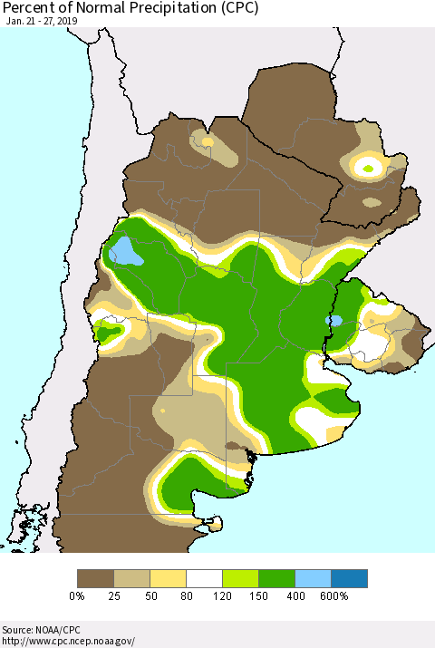 Southern South America Percent of Normal Precipitation (CPC) Thematic Map For 1/21/2019 - 1/27/2019