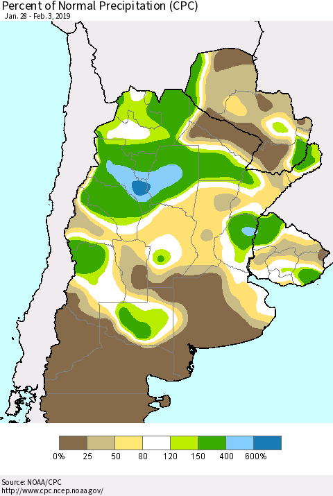 Southern South America Percent of Normal Precipitation (CPC) Thematic Map For 1/28/2019 - 2/3/2019