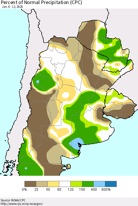 Southern South America Percent of Normal Precipitation (CPC) Thematic Map For 1/6/2020 - 1/12/2020